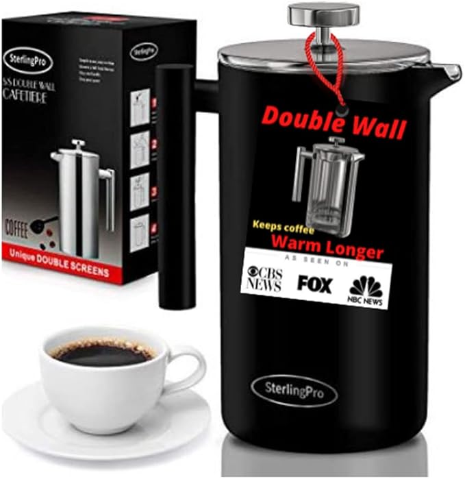 French Press Coffee Maker (1.75L)-Double Walled Large Coffee Press with 2 Extra Filters-Enjoy Granule-Free Coffee, Stylish Rust Free Kitchen Accessory-Stainless Steel (Black)