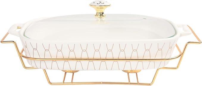9" x 6" Ceramic Casserole Dish with Glass Lid and Rack, 30 ounce Serving Soup Tureen,Chafing Dish for Buffet, Family Food preserve Tray, Catering Casserole for Party Style, White