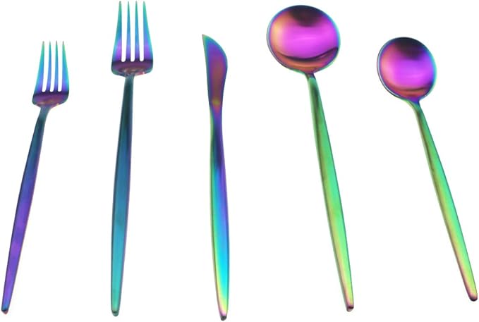 JASHII 18/10 Stainless Steel 20-Piece Matte Rainbow Colorful Flatware Set,Dinner Knife Fork Salad Fork Dessert Spoon, Service for 4, Luxury Silverware Cutlery Utensil Sets