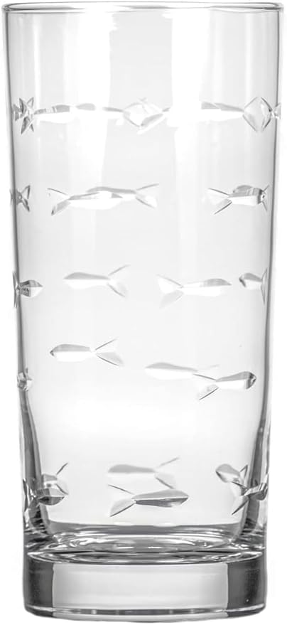 Rolf Glass School of Fish Highball Glass | Set of 2 15oz Cooler Glasses | Lead-Free Engraved Glass with Heavy Base | Proudly Made in the USA