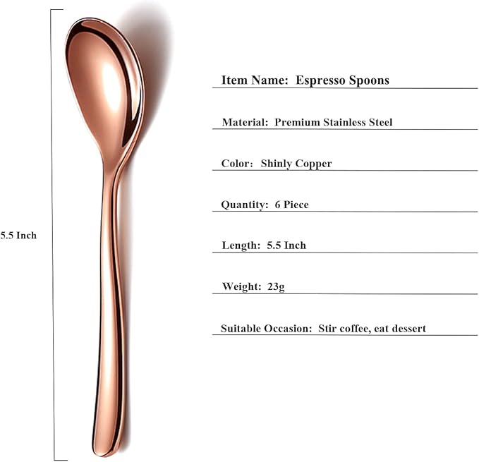 Copper Demitasse Espresso Spoons, 5.5'' Mini Coffee Spoons, Set of 6, Dishwasher Safe