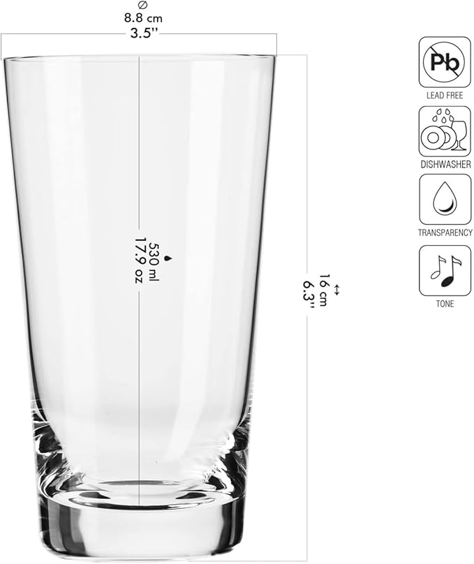 Krosno Classic Beer Glasses, Set of 6, 17.9 oz, Lager, Pilzner, Wheat Beer, Pint Glasses, Pure Collection, Dishwasher Safe, Made in Europe