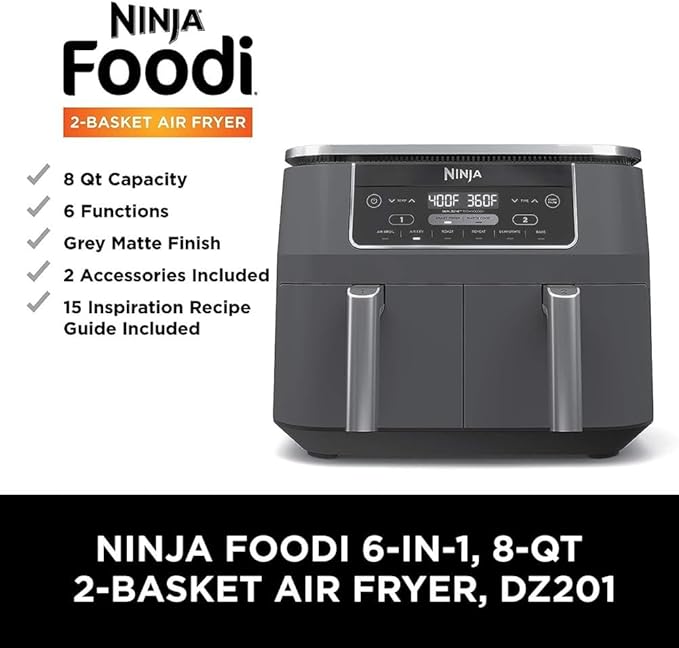 Ninja DZ201 Foodi 8 Quart 6-in-1 DualZone 2-Basket Air Fryer with 2 Independent Frying Baskets, Match Cook & Smart Finish to Roast, Broil, Dehydrate & More for Quick, Easy Meals, Grey