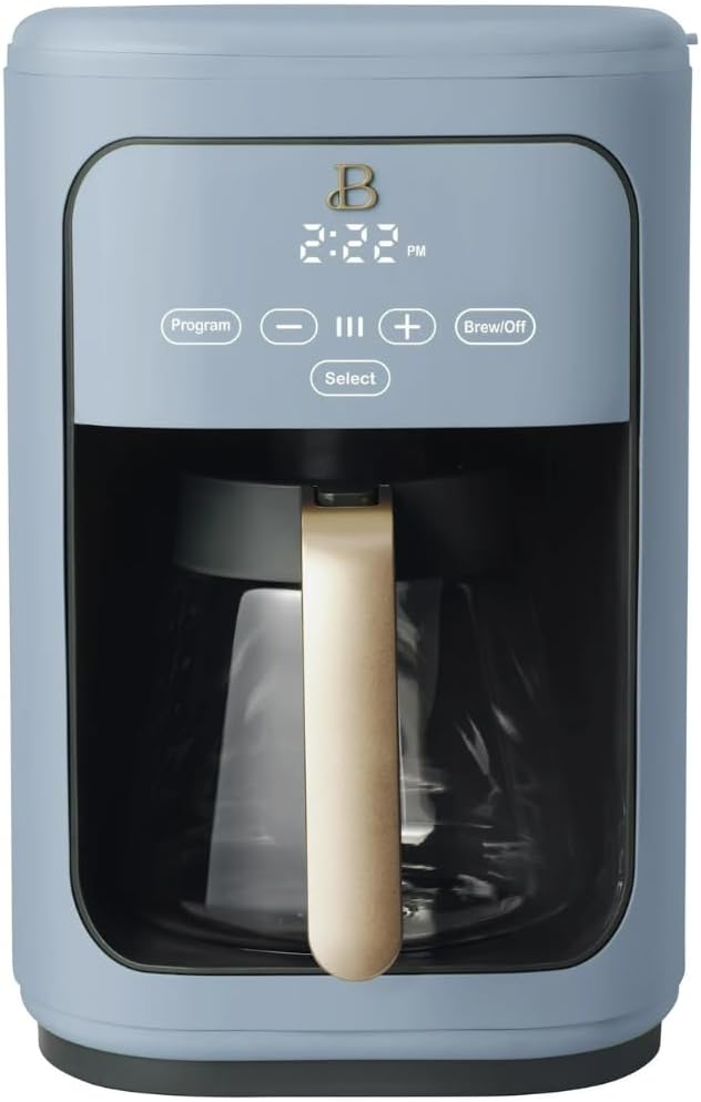 Beautiful by Drew Barrymore 14-Cup Programmable Drip Coffee Maker, Touch-Activated Display, Fast 14-Min Brew, Bold Strength, Keep Warm 4hrs, Gold Filter (Cornflower Blue)