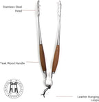 Schmidt Brothers - BBQ Bonded Teak 4 Piece Grilling Accessory Set, Full-Forged Stainless Steel Grilling Utensils Including Spatula, Fork, Basting Brush, and Tongs with All Wood Handles