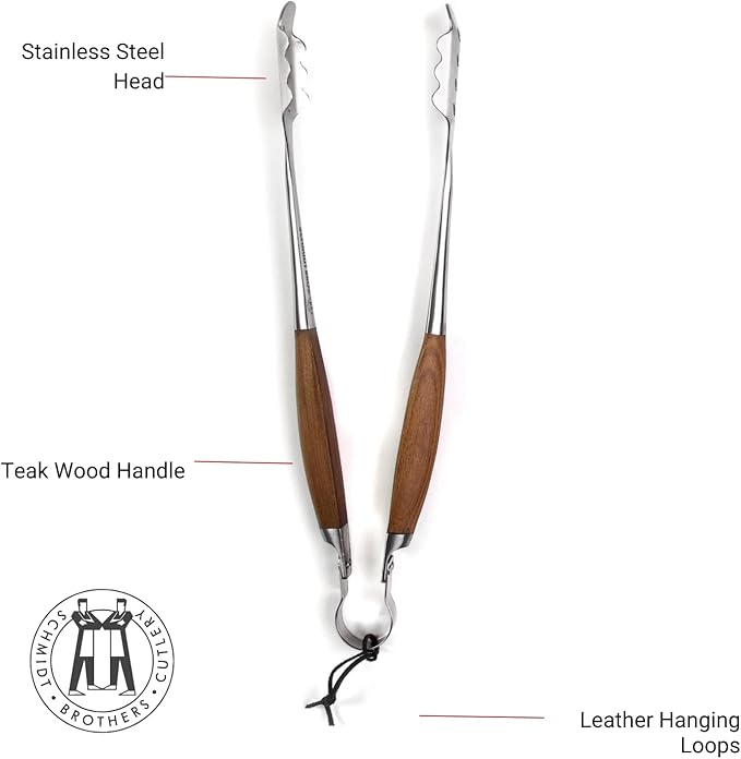 Schmidt Brothers - BBQ Bonded Teak 4 Piece Grilling Accessory Set, Full-Forged Stainless Steel Grilling Utensils Including Spatula, Fork, Basting Brush, and Tongs with All Wood Handles