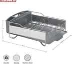 KitchenAid Large Capacity Full Size Rust Resistant Dish Rack with Angled Drain Board and Removable Flatware Caddy, Light Grey