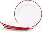 Red Co. Set of 4 Enamelware Metal Classic 10" Round Dinner Plate, Solid White/Red Rim