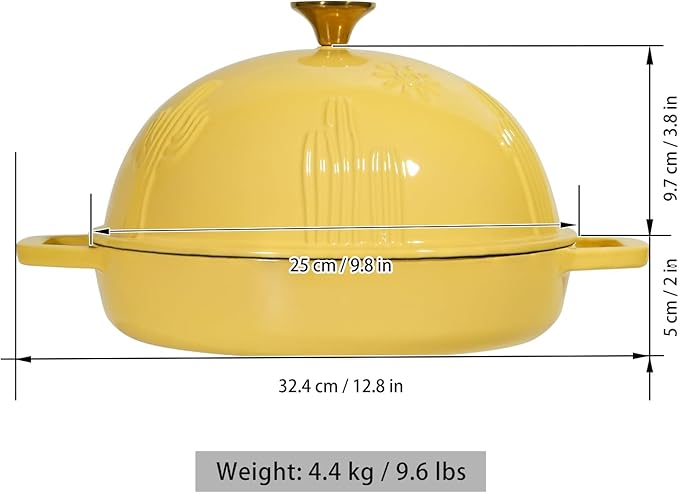 Cast Iron Bread Oven With Cloche Lid for Baking - Yellow Enameled Dutch Oven With Dome Lid for Sourdough - 5 qt