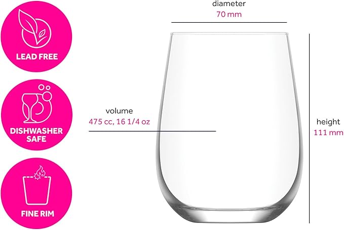 LAV Stemless Red & White Wine Glasses Tumbler Set of 6 - Drinking Glassware for Water Champagne Martini Mimosa Prosecco Cocktail Sangria - Short 16 oz No Stem Glasses Dishwasher Safe