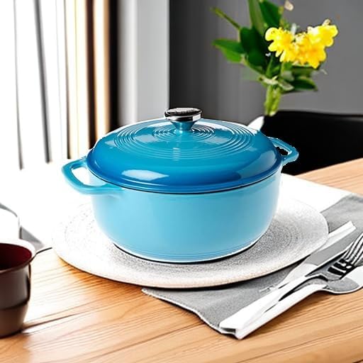 Lodge 6 Quart Enameled Cast Iron Dutch Oven with Lid – Dual Handles – Oven Safe up to 500° F or on Stovetop - Use to Marinate, Cook, Bake, Refrigerate and Serve – Cornflower Blue