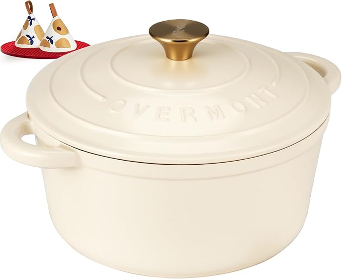 Overmont Enameled Cast Iron Dutch Oven - 5.5QT Pot with Lid Cookbook & Cotton Potholders - Heavy-Duty Cookware for Braising, Stews, Roasting, Bread Baking white