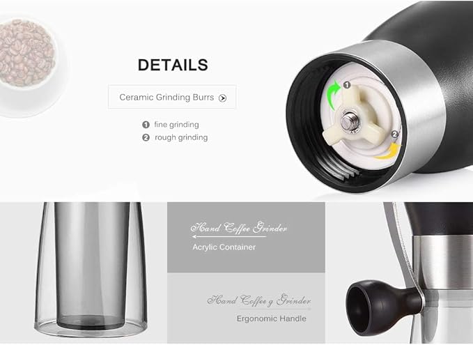 T-mark Manual Coffee Grinder, Portable Adjustable Coffee Grinder Ceramic Burr Grinder for Travel Home
