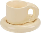 Koythin Ceramic Coffee Chubby Mug Saucer Set, Creative Cute Fat Handle Cup with Saucer for Office and Home, Dishwasher and Microwave Safe, 10 oz for Latte Tea Milk (Milky Apricot)