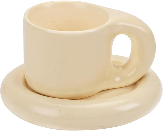 Koythin Ceramic Coffee Chubby Mug Saucer Set, Creative Cute Fat Handle Cup with Saucer for Office and Home, Dishwasher and Microwave Safe, 10 oz for Latte Tea Milk (Milky Apricot)