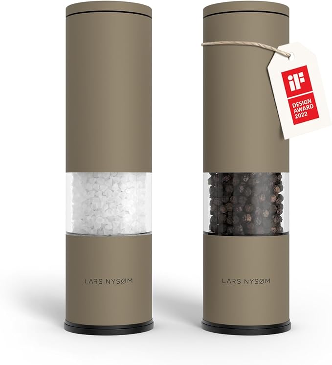 LARS NYSØM Salt and Pepper Grinder Set 2 pieces I Salt Pepper Mill with Adjustable Ceramic Grinder I Design Spice Grinder Set Manual (Taupe Brown)