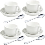 homEdge Premium Espresso Shot Cups and Saucers Set with Espresso Stainless Steel Spoons - 2.5 oz, Set of 4, White