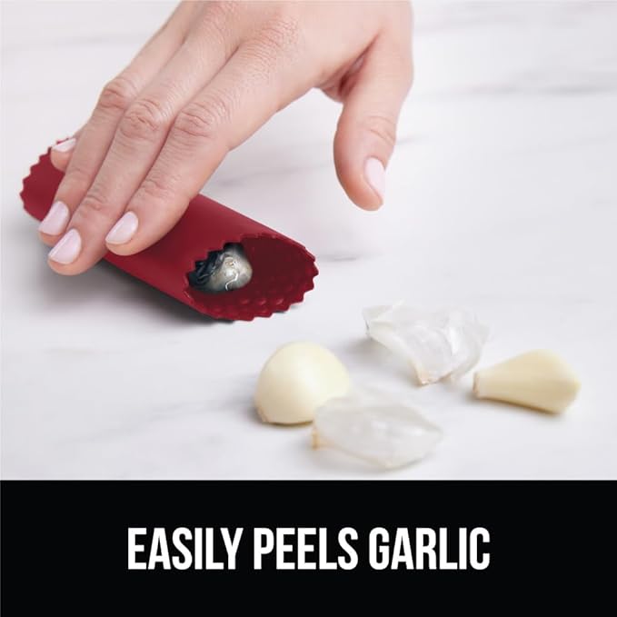 GORILLA GRIP Garlic Press and Peel Set, Heavy Duty Mincer Tool, Easily Mince and Crush Garlics, Ginger, Nuts, Seeds, Large Ergonomic Handle, Peeler Included, Peeling Cloves, Kitchen Gadgets, Red