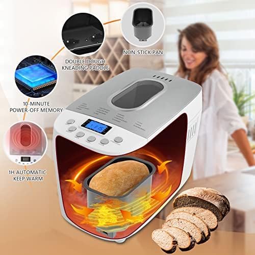Davivy Bread Maker Machine 3.3LB Dough Maker,15-in-1 Automatic Bread Machine Maker with Nonstick Bowl, Jam& Yogurt, 3 Loaf Sizes and 3 crust settings,15-H Delay Timer（850W,Silver,3.3LB）