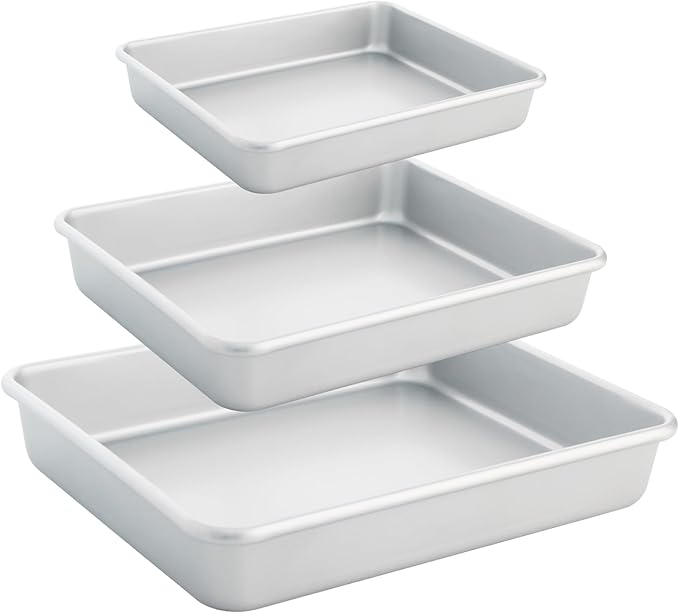 Deep Baking Pans Set of 3, Rectangle Cake Pan Nonstick, Heavy Duty Thick Bakeware Lasagna Pan for Toaster Oven, 9/11/13 Inch Tray for Brownie, Siliver