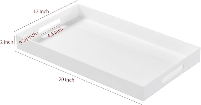 Glossy White Acrylic Serving Tray with Handles-Lucite Tray for Ottoman,Coffee Table, Breakfast, Tea, Food, Butler - Decorative Tray (12x20 Inch, White)