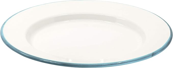 Red Co. Set of 4 Enamelware Metal Classic 10" Round Dinner Plate, Solid White/Teal Rim