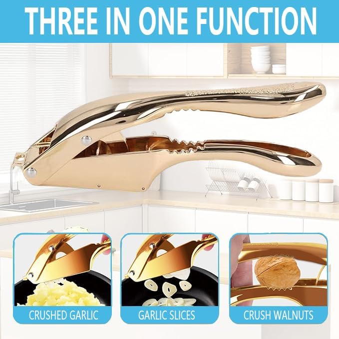Garlic Press and Slicer 2 in 1, Rust Proof & Dishwasher Safe Professional Garlic Mincer Tool, Effortlessly Crush and Mince Garlic with this Ergonomic Handle-Garlic Slicer & Brush ANCQMI(Gold)