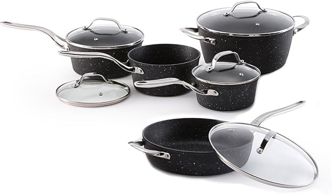 Starfrit The Rock 10PC Non-Stick Cookware Set - Durable Forged Aluminum - Oven Safe - PFOA Free - Easy to Clean - Black