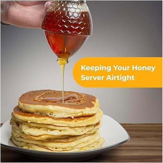Acrylic Honey Dispenser, Chrome-Plated ABS Lid – No Drip 8 oz Honey Jar – Honeycomb Design Container – Honey Pot for Honey, Maple Syrup