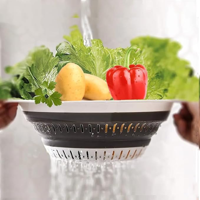 Collapsible Colander Set, Square Round Triangles Silicone Kitchen Strainer Perfect for Draining Pasta Vegetable fruit 2 PCS (Gray&Blue, 12"L x 9.5"W x 2.3"H)