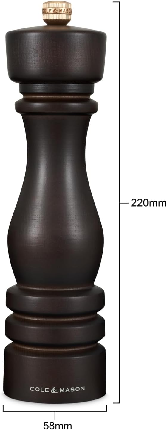 Cole & Mason London Refillable Spice Mill - Kitchen & Home Accessory - Table Black Pepper Grinder - Pepper Mill with Carbon Steel Mechanism - 8", Chocolate Wood