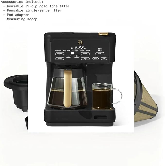 Beautiful by Drew Barrymore Multi-Brew Coffee Maker, 12-Cup Carafe + Single-Serve, Pods or Grounds, Over Ice, Touch Display. (BLACK SESAME)