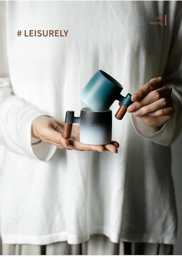 2-Oz Ceramic Espresso Cups with Wood Handle, 2/4-Piece Set for Coffee, Tea, Latte - Dishwasher Safe, Multi-Color & Wood Styles, Gift & Café Use (blue white, Wooden Handle2)