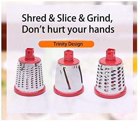 Manual Rotary Potato Grater Kitchen Mandoline Vegetable Slicer，with 3 Interchangeable Blades，Easy to use (Red)