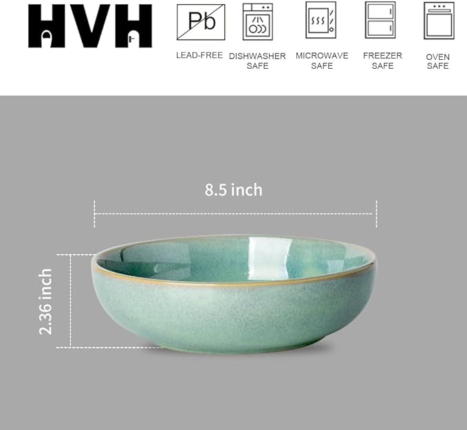 HVH 8.5 inch Large Pasta Bowls Set of 4, 46oz Big Salad Bowl Set of 4, Shallow Bowls, Dinner Bowls Set, Ceramic Bowls Set Microwave and Dishwasher Safe, Smooth glaze (Turquoise)
