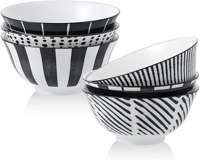 Cereal Bowl Porcelain Soup Bowls - Ceramic Bowl Set 23 oz - 6 Inch Japanese Bowls Black and White for Serving Salad | Ramen | Noodle | Pho | Oat | Oatmeal - Microwave and Dishwasher Safe - Set of 6