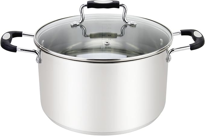 Stainless Steel Stock Pot, 4 Quart, With Clear Glass Lid, Steam Hole, Permanent Markings, Gas, Electric & Induction Compatible