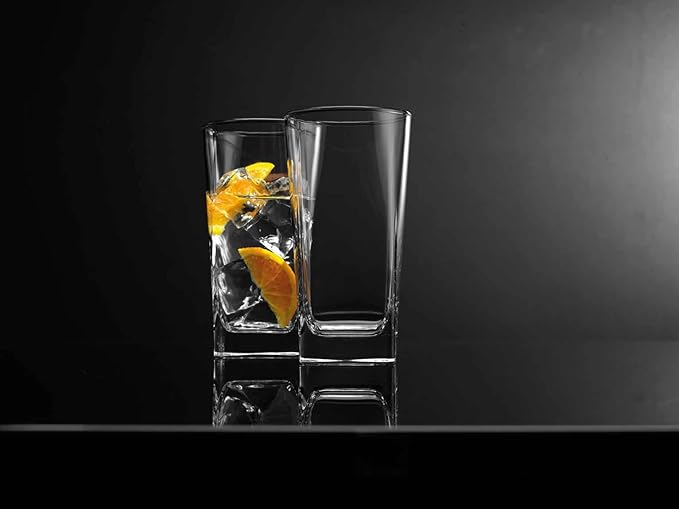 Home Essentials & Beyond Highball Glasses 16 Oz. Set of 4 Tall Square Glass Cups Premium Quality Beverage Cooler Glassware. Uses for Bar Glasses, Water, Juice, and Cocktails.