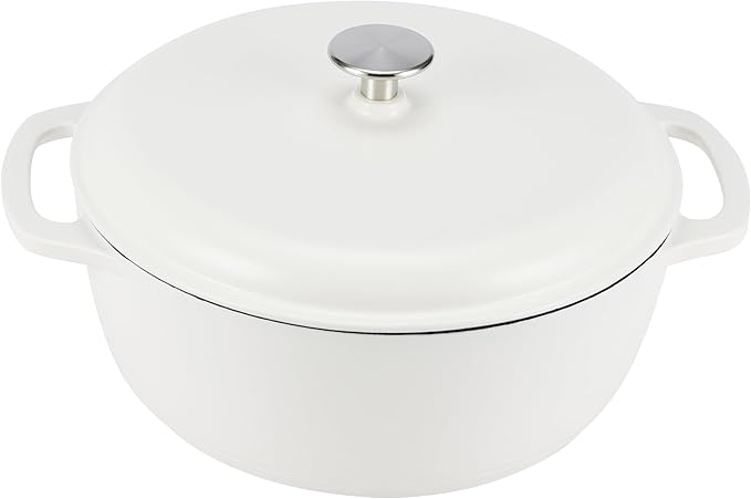 Amazon Basics Cast Iron Dutch Oven Pot with Lid, Enameled, Round, Dual Handles, Heavy-Duty, Medium, 6-Quart, Matte White