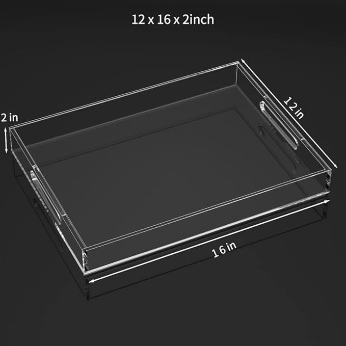 NIUBEE Clear Serving Tray 12x16 Inches -Spill Proof- Acrylic Decorative Tray Organiser for Ottoman Coffee Table Countertop with Handles
