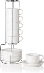 Sweejar Ceramic Espresso Cups Set of 6, Espresso Cup Stackable, 4 Oz Stackable Cappuccino Cups with Saucers and Metal Stand for Coffee Drinks, Americano, Latte, Tea (White)