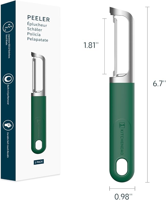 KITCHENDAO Swivel Vegetable Potato Peeler for Kitchen, Japanese Stainless Steel Sharp Blade, Heavy Duty Die-cast Construction, Built-in Eye Remover, Soft-touch Handle, Dishwasher Safe, Green