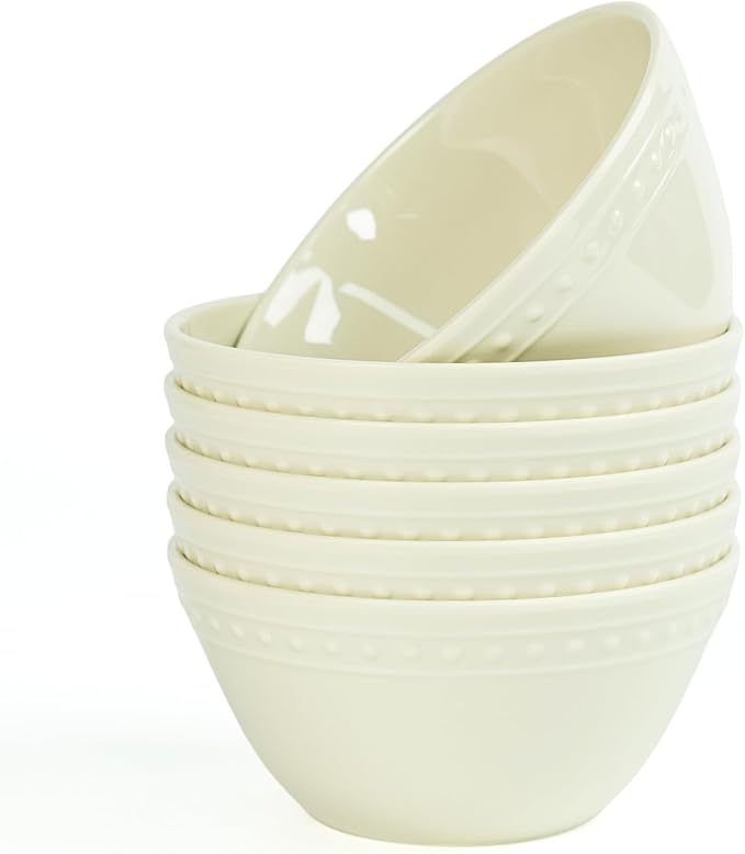 Melamine Beaded Cereal Bowls Set Cream, 6 inch, 24oz All purpose/Soup/Salad Bowls Set of 6, Unbreakable Durable, Dishwasher Safe, BPA Free - Perfect for Soups, Salads, Cereal & Entertaining