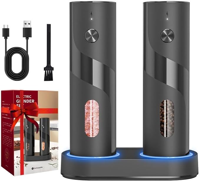 Electric Salt and Pepper Grinder Set Rechargeable with Easy to Carry Charging Base and LED Light, Adjustable Coarseness, Greater Capacity, USB for Kitchen, Restaurant