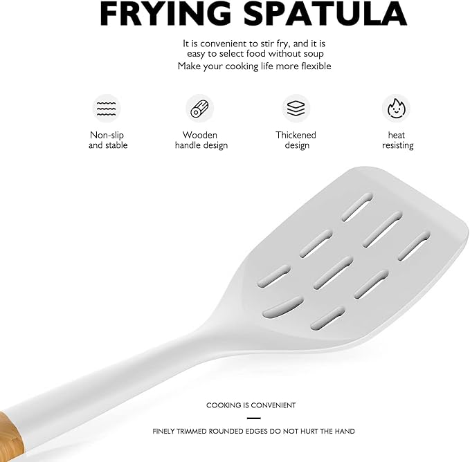 Large Silicone Cooking Utensils Set - Heat Resistant Silicone Kitchen Utensils for Cooking w Wooden Handles, Spatula Set, Kitchen Utensil Gadgets Sets for Non-Stick Cookware, BPA Free (White)