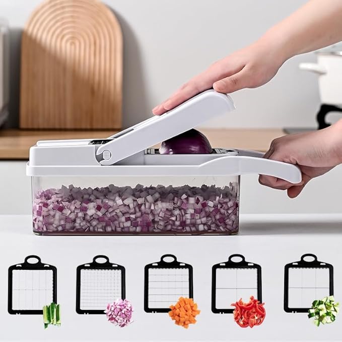 Vegetable Chopper, Veggie Chopper with Container and Lid, Kitchen Vegetable Slicer, Cheese and Onion Slicer, Multifunctional Food Chopper (White)