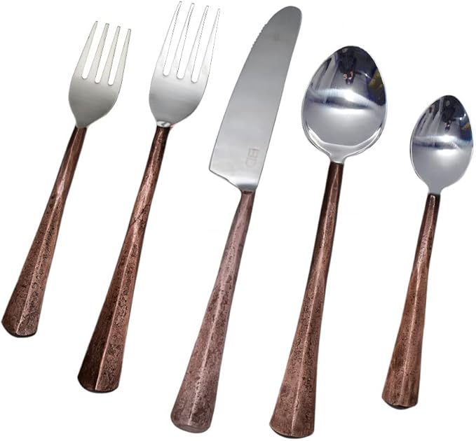 Bold & Divine Ridge Copper 5pcs Flatware Cutlery Set, Premium Stainless Steel Cutlery Set Service for 1 Include Knife/Fork/Spoon, Solid Stainless Steel Flatware
