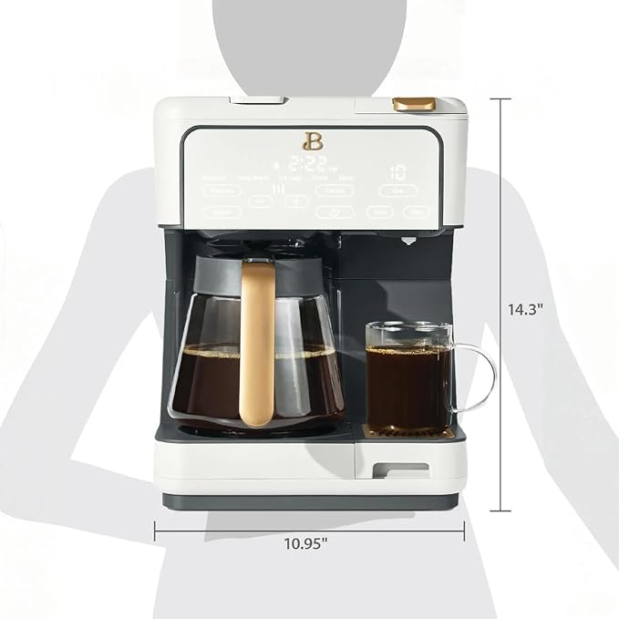 Beautiful Multi-Brew Drip Coffee Maker & Single Serve Machine, Glass Carafe, Keep Warm, Travel Mug Friendly, 3 brew settings, Touch-activated home and kitchen by Drew Barrymore (White)