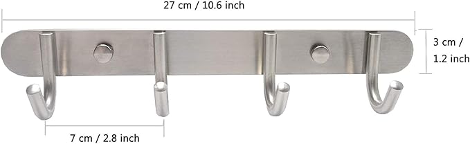 Towel Hook Rack Brushed Nickel - Sagmoc 11-Inch Coat Hook Rail Wall Mounted with 4 Hooks, Durable Wall Hangers for Bedroom, Bathroom, Foyer, Hallway (304 Stainless Steel)