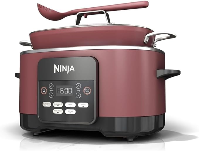 Ninja Foodi PossibleCooker PRO MC1000 8.5Qt Multicooker 8 in 1 Slow Cooker, Dutch Oven, Steam Bake Roast Sear Sauté Bread Maker Warmer, Glass Lid, Integrated Spoon, Nonstick (Cherry)
